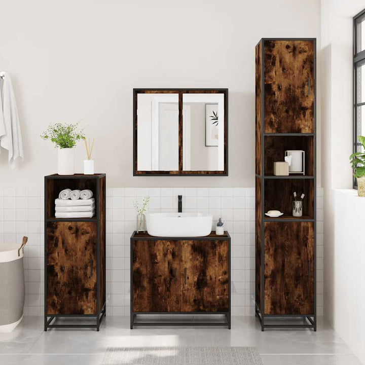 badeværelsesskab + spejl 65x20x60 cm konstrueret træ røget eg