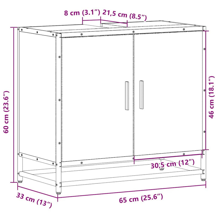 skab til håndvask til badeværelse 65x33x60 cm røget egetræ