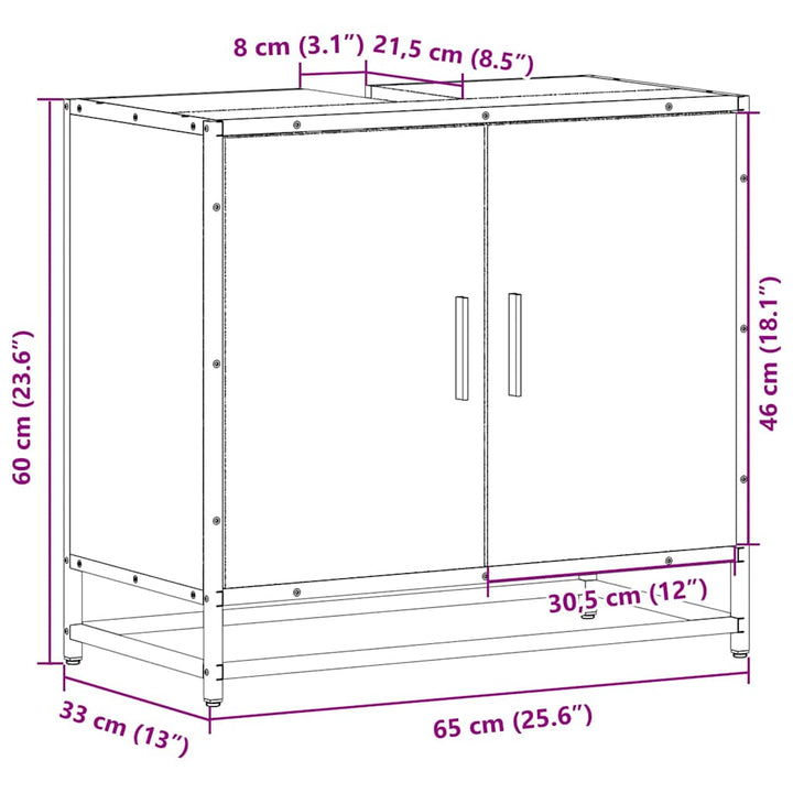 skab til håndvask til badeværelse 65x33x60 cm grå sonoma-eg