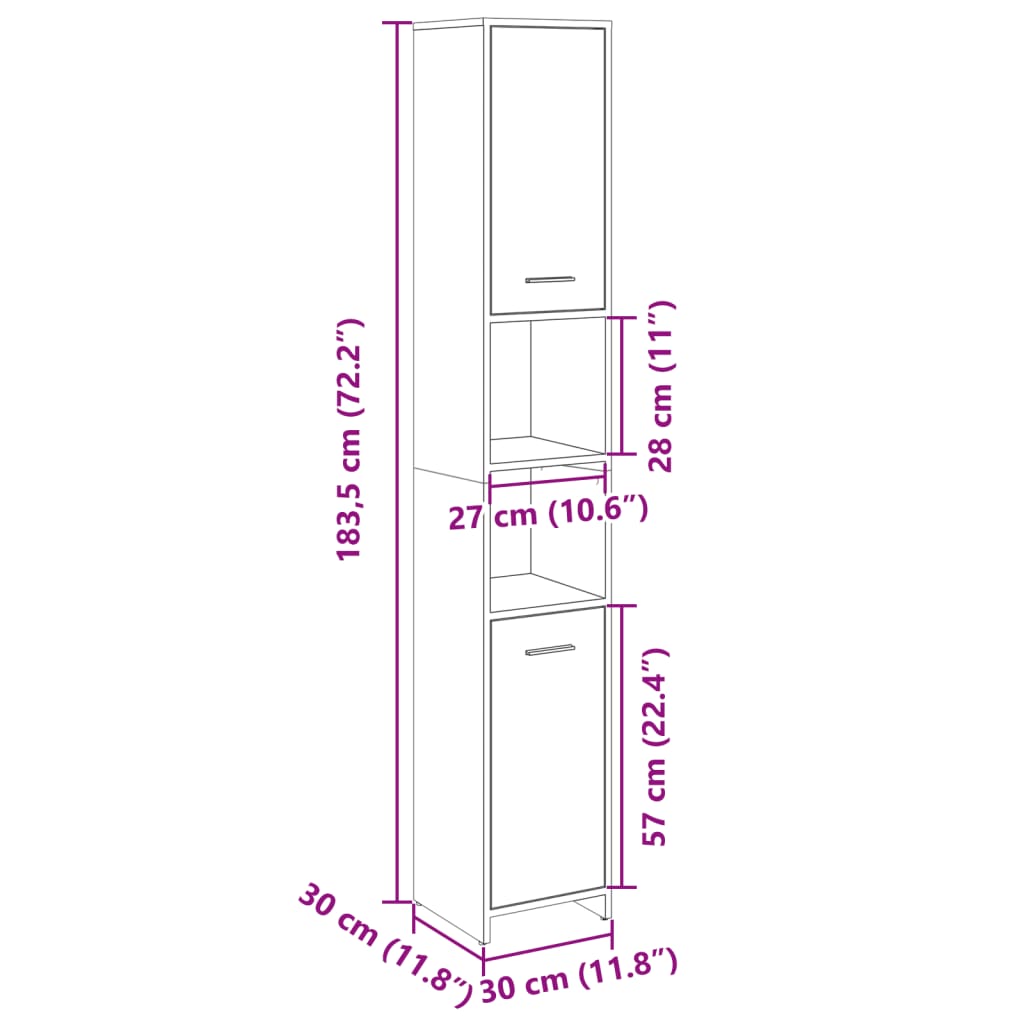 badeværelsesskab 30x30x183,5 cm konstrueret træ sonoma-eg