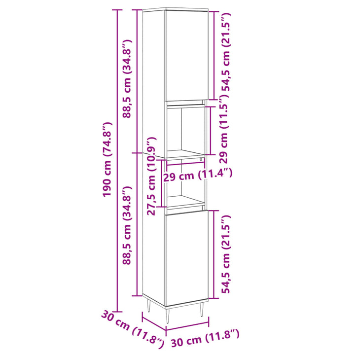 badeværelsesskab 30x30x190 cm konstrueret træ sonoma-eg