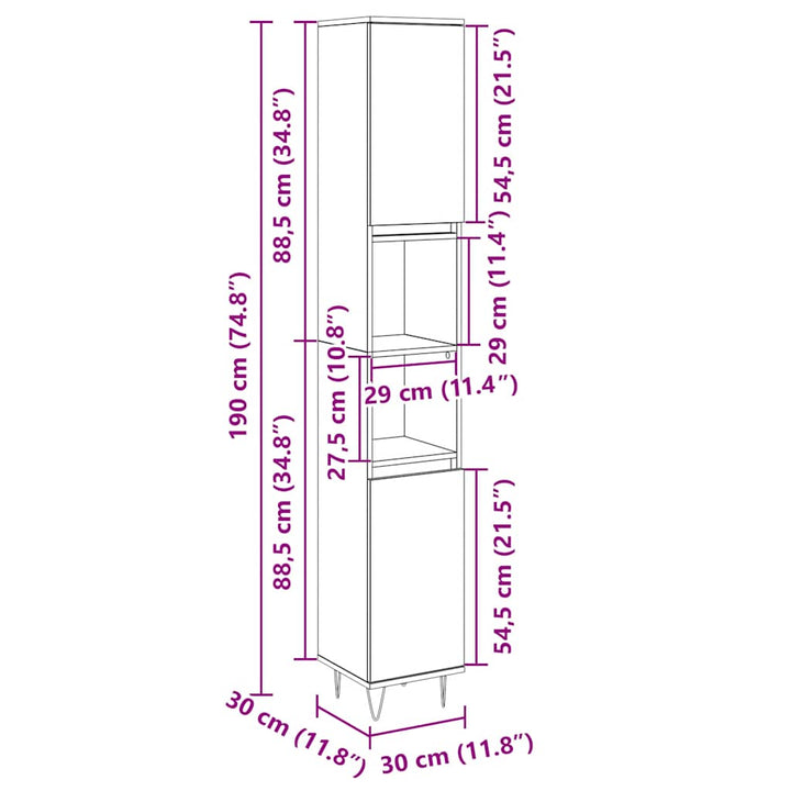 badeværelsesskab 30x30x190 cm konstrueret træ sonoma-eg