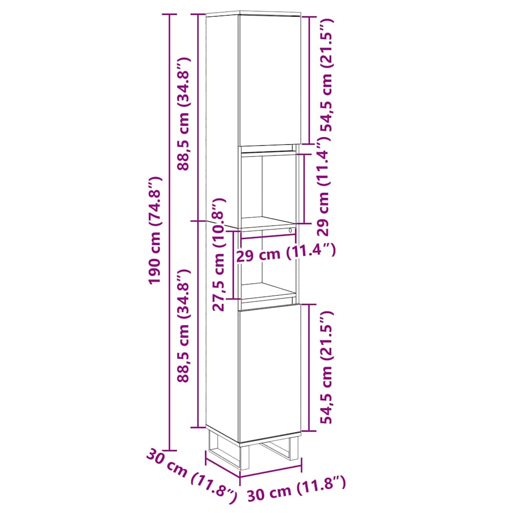 badeværelsesskab 30x30x190 cm konstrueret træ sonoma-eg