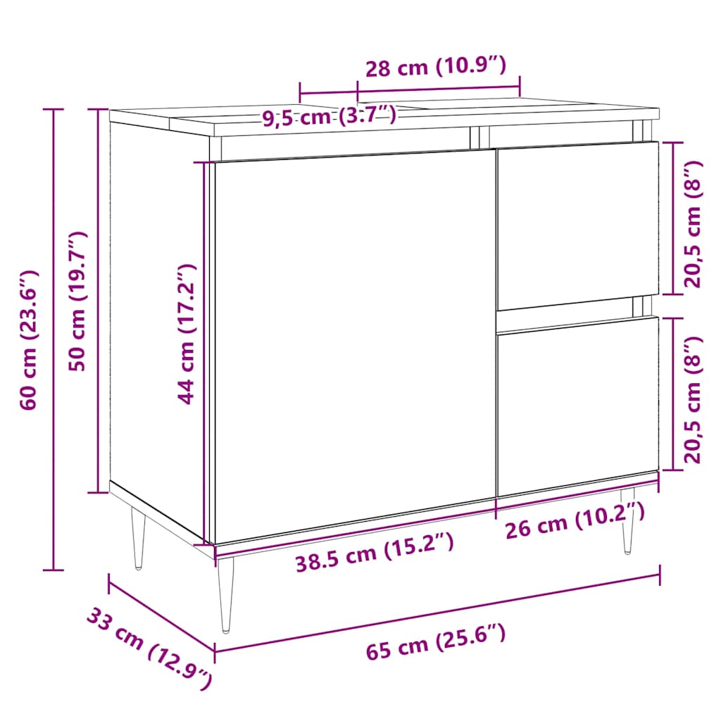 underskab til badeværelse 65x33x60 cm konstrueret træ sonoma-eg