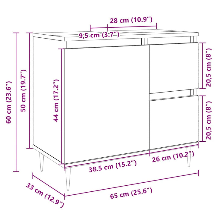 underskab til badeværelse 65x33x60 cm konstrueret træ sonoma-eg