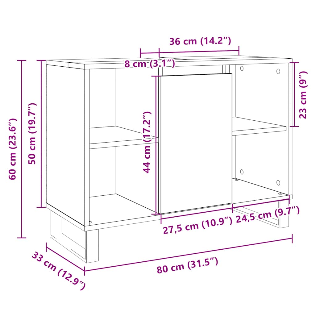 badeværelsesskab 80x33x60 cm konstrueret træ sonoma-eg