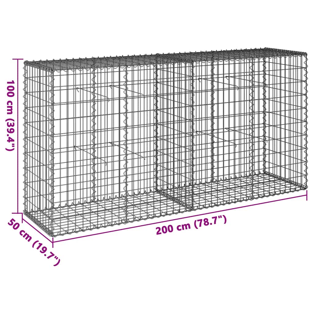 gabionkurv med cover 200x50x100 cm galvaniseret jern