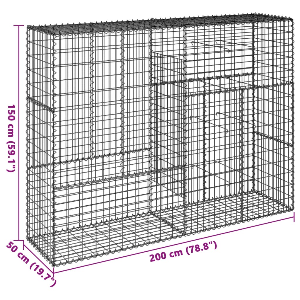 gabionkurv med cover 200x50x150 cm galvaniseret jern