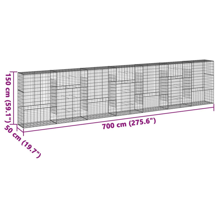 gabionkurv med cover 700x50x150 cm galvaniseret jern