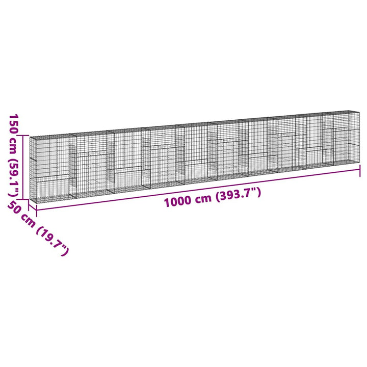 gabionkurv med cover 1000x50x150 cm galvaniseret jern
