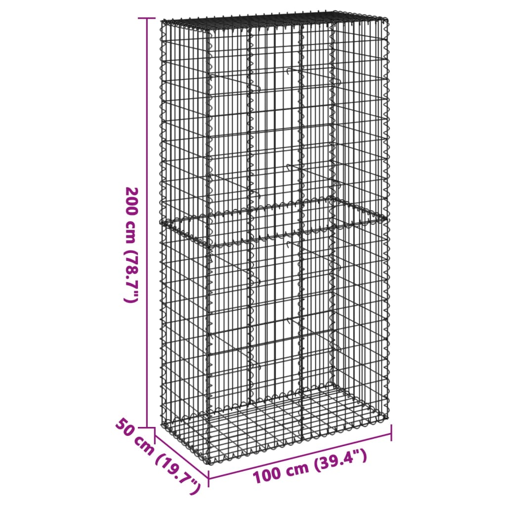 gabionkurv med cover 100x50x200 cm galvaniseret jern