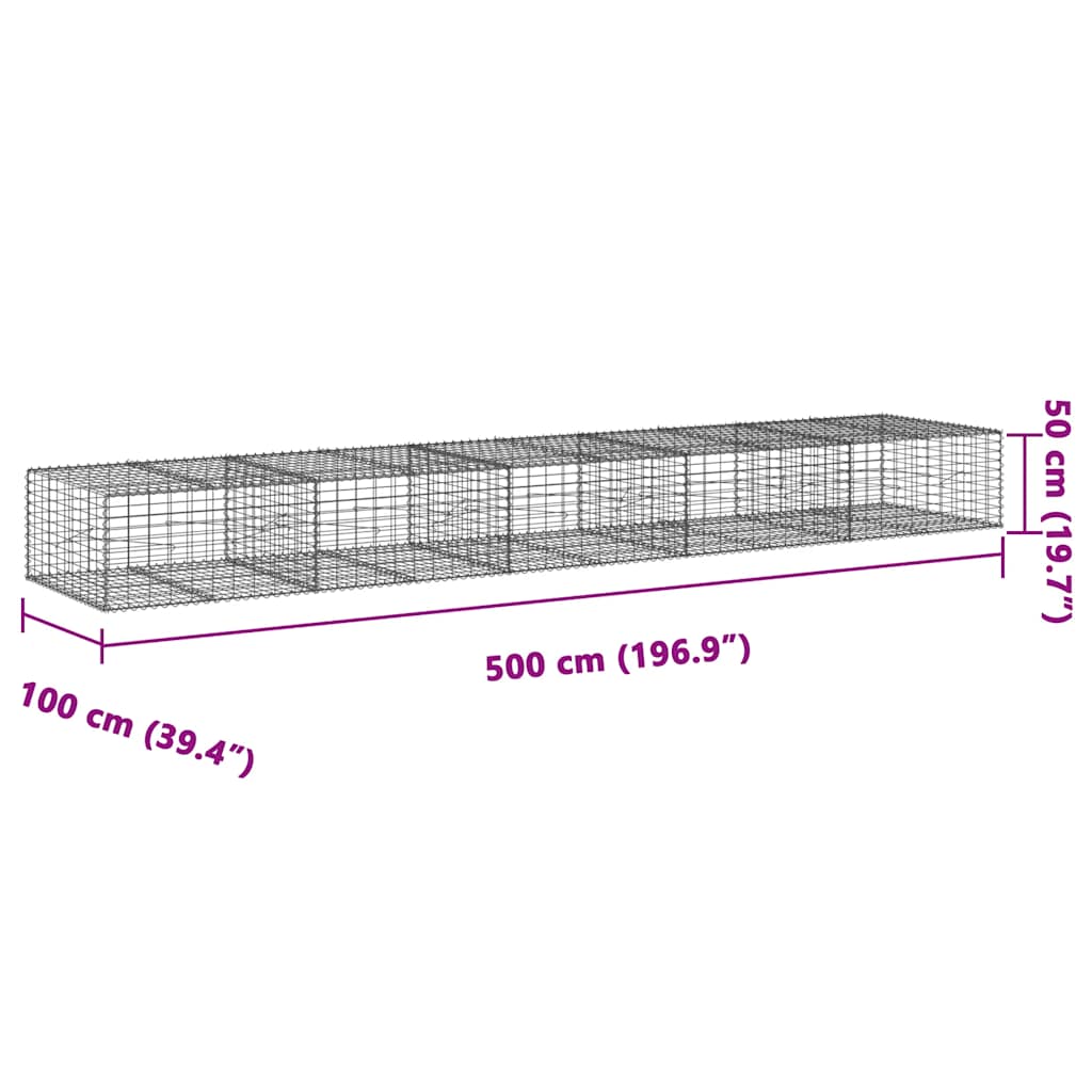 gabionkurv med cover 500x100x50 cm galvaniseret jern
