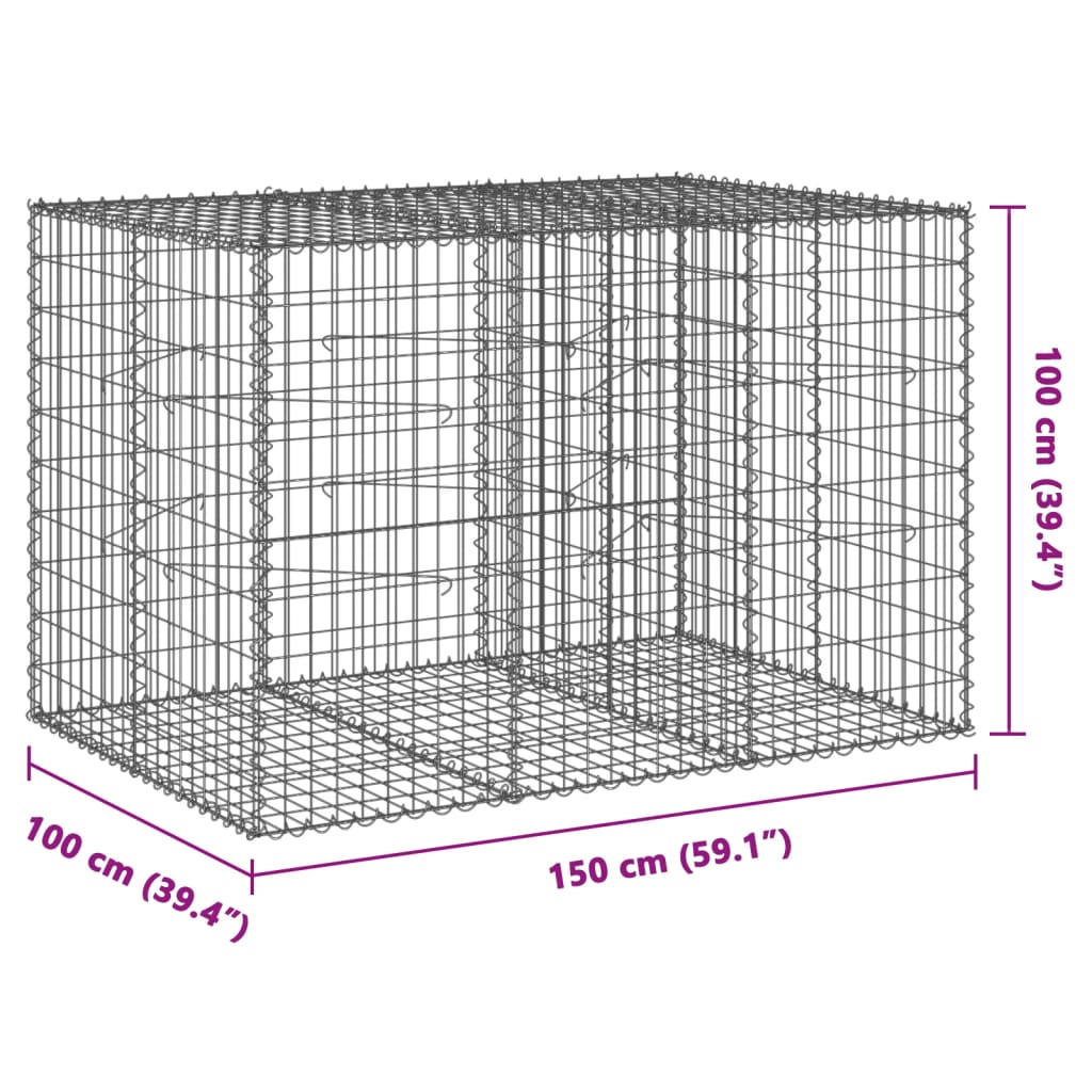 gabionkurv med cover 150x100x100 cm galvaniseret jern
