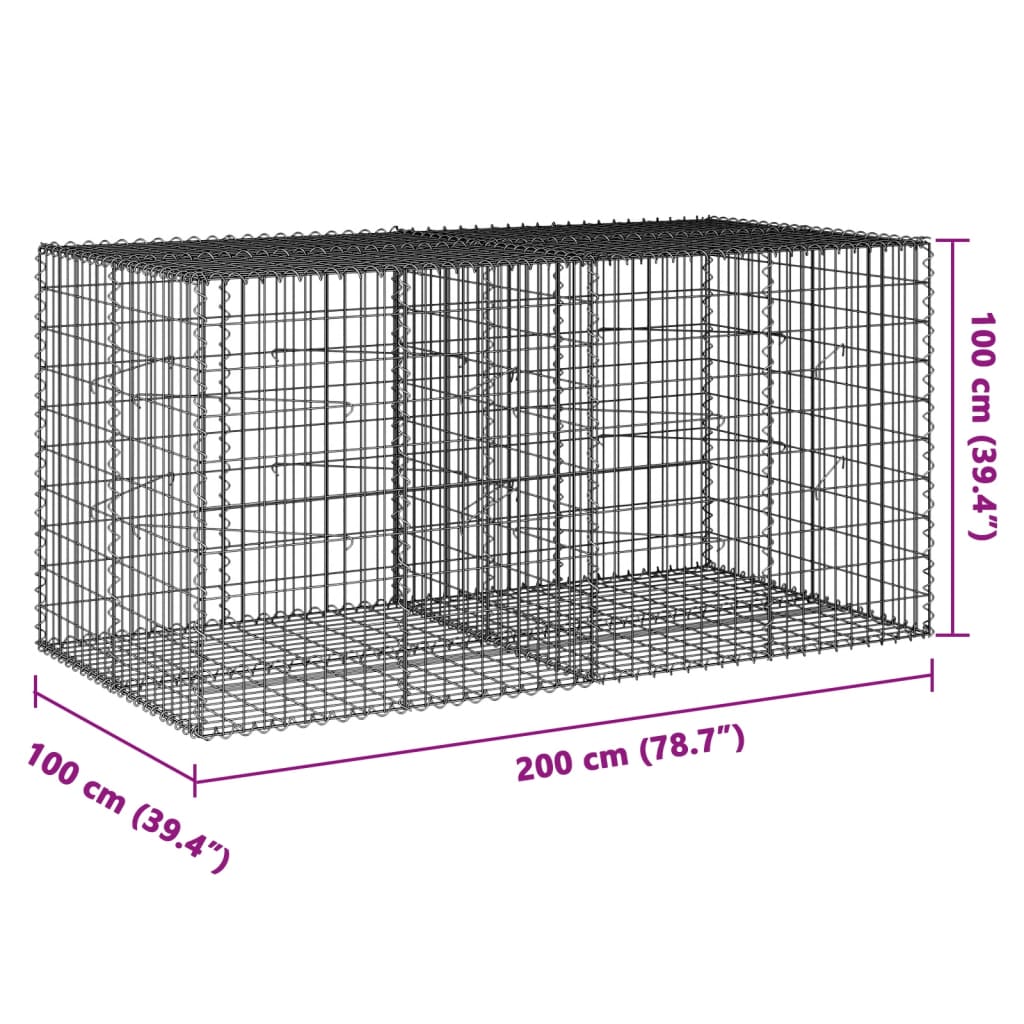 gabionkurv med cover 200x100x100 cm galvaniseret jern