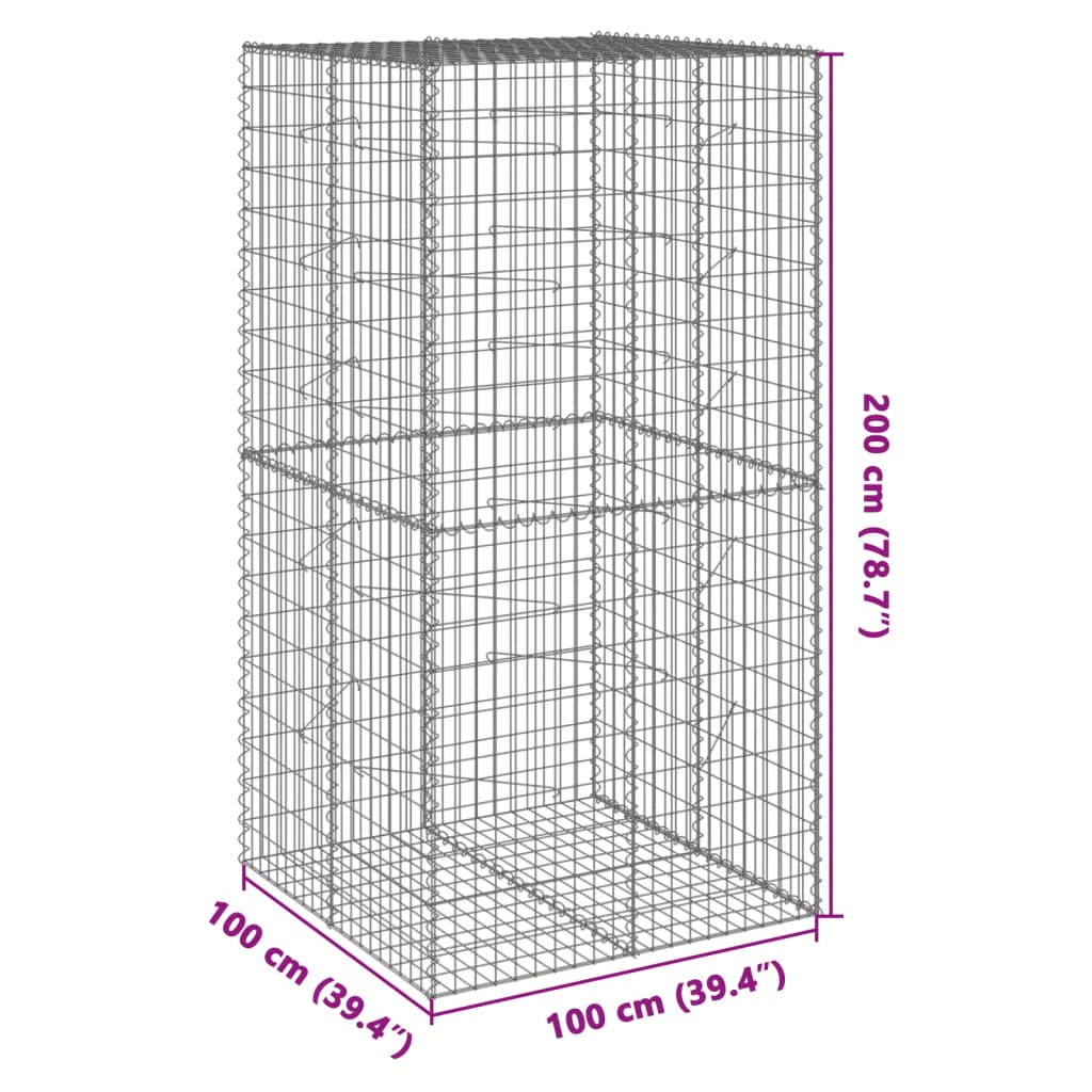 gabionkurv med cover 100x100x200 cm galvaniseret jern