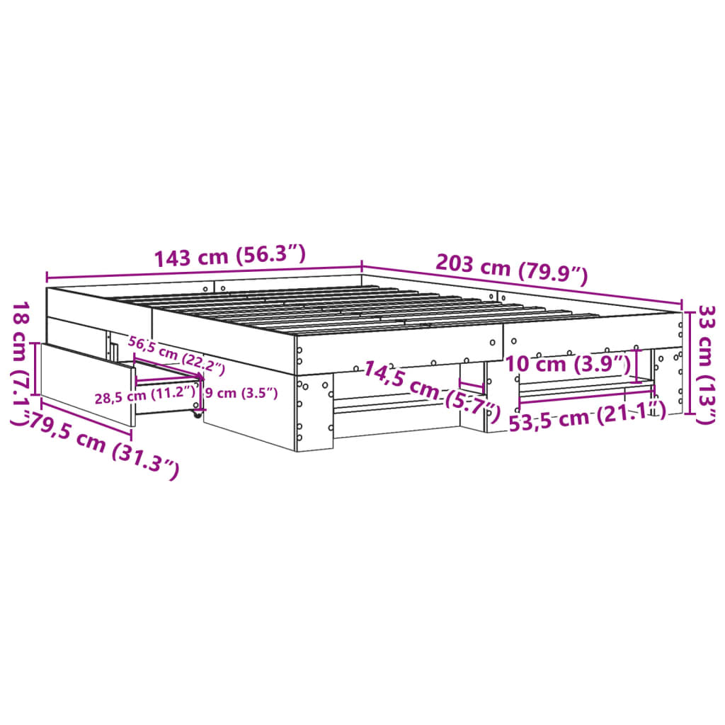 sengeramme 140x200 cm uden madras konstrueret træ sonoma-eg