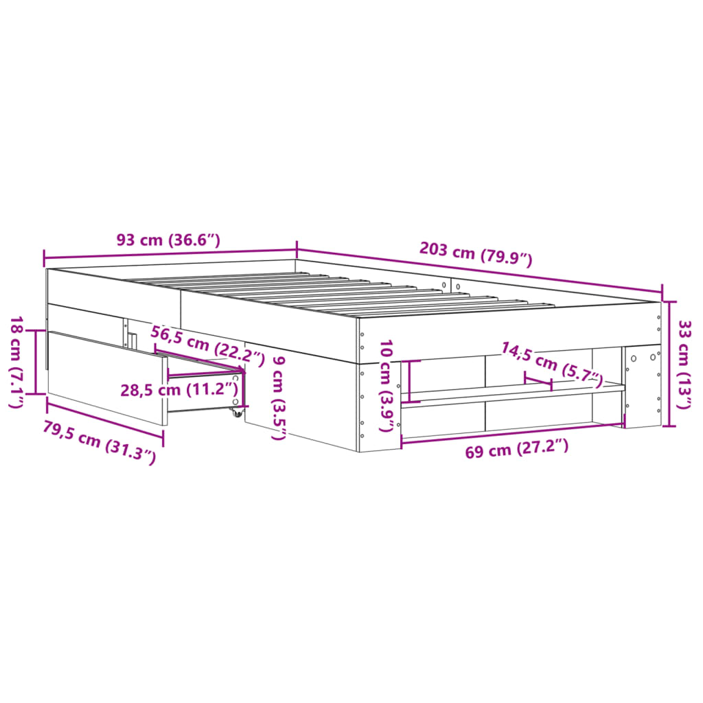 sengeramme 90x200 cm uden madras konstrueret træ brunt eg