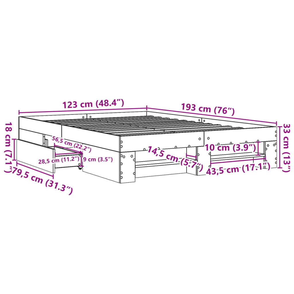sengeramme 120x190 cm uden madras konstrueret træ sonoma-eg