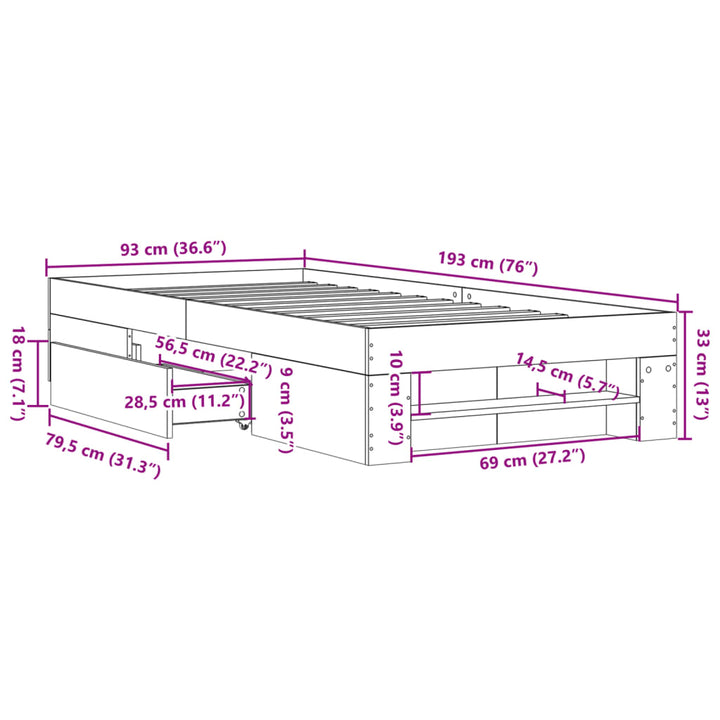 sengeramme 90x190 cm uden madras konstrueret træ sonoma-eg