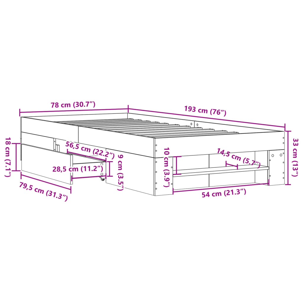 sengeramme 75x190 cm uden madras konstrueret træ sonoma-eg
