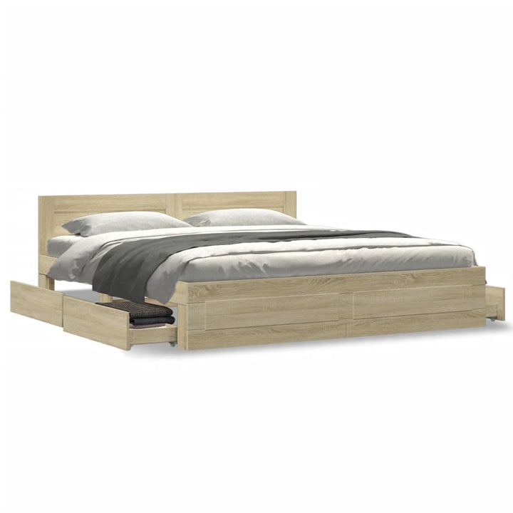 sengeramme med sengegavl 200x200 cm konstrueret træ sonoma-eg