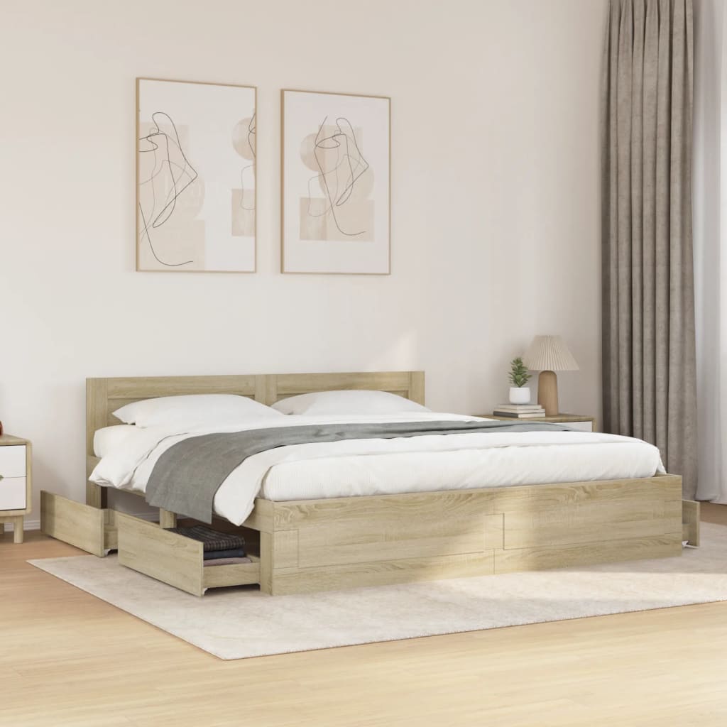 sengeramme med sengegavl 200x200 cm konstrueret træ sonoma-eg