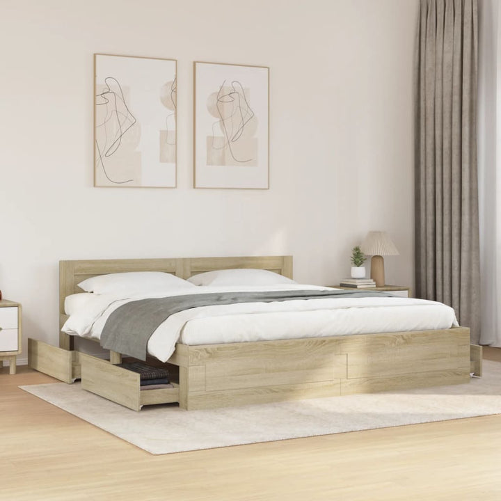 sengeramme med sengegavl 200x200 cm konstrueret træ sonoma-eg