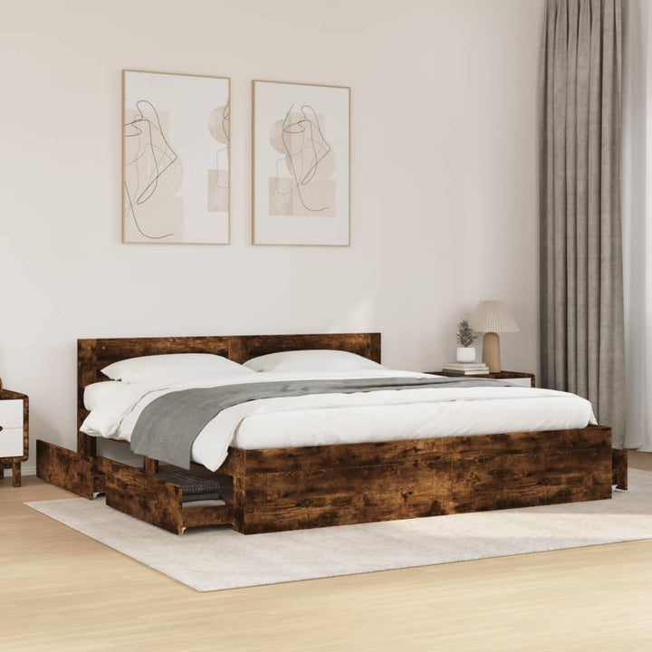 sengeramme med sengegavl 180x200 cm konstrueret træ røget eg