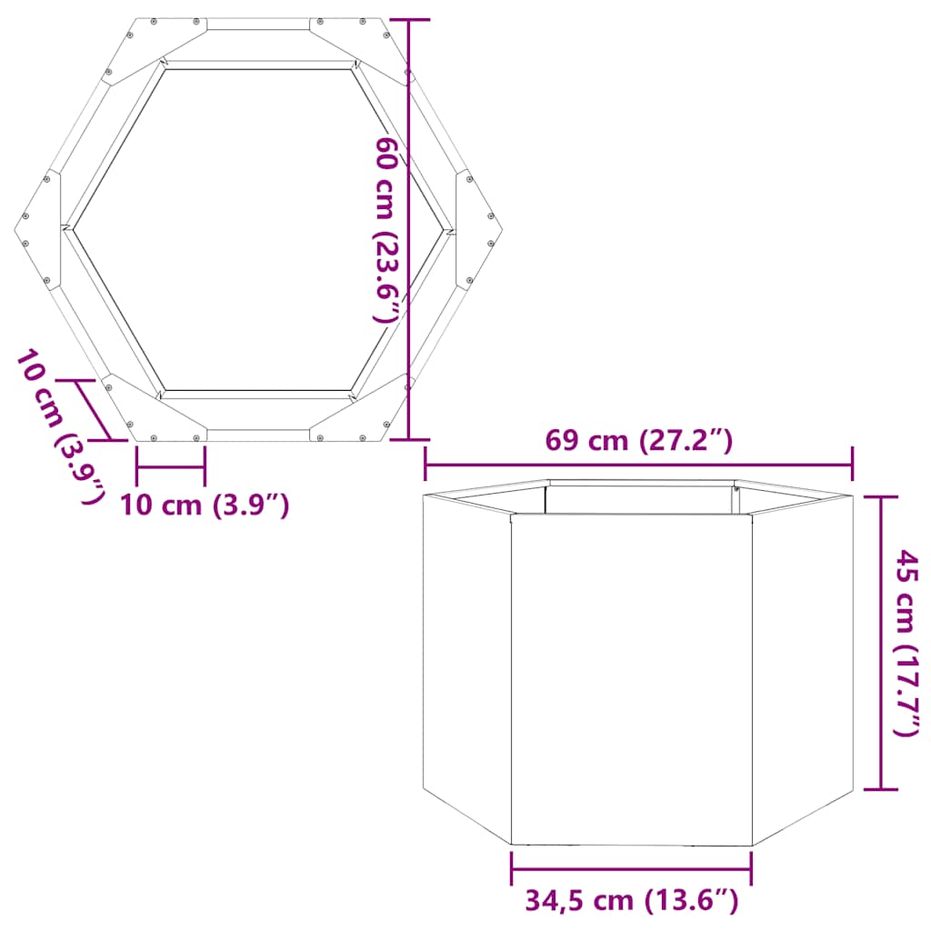 plantekasse 69x60x45 cm sekskantet galvaniseret stål