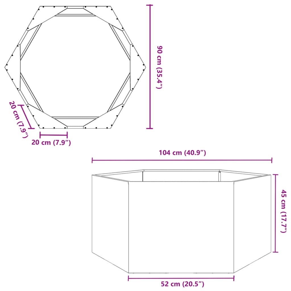 plantekasse 104x90x45 cm sekskantet stål sort