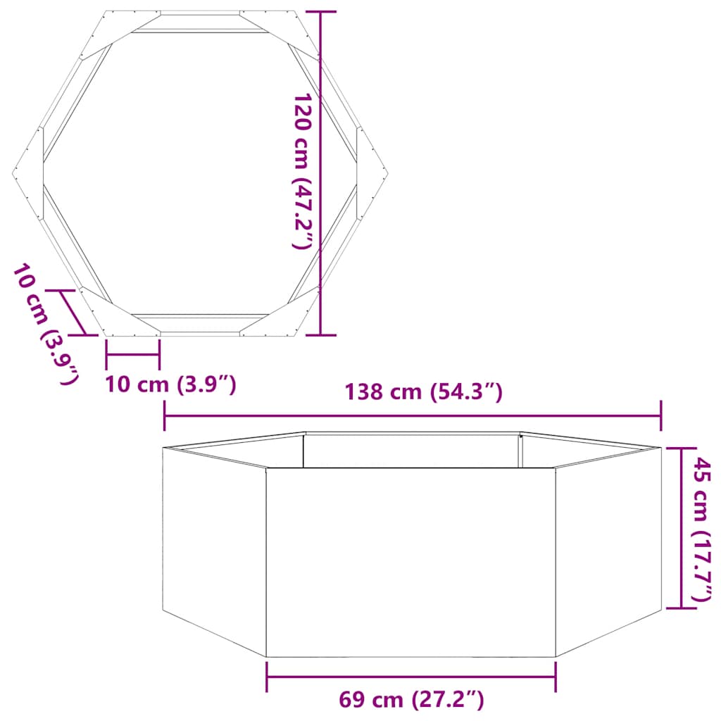 plantekasse 138x120x45 cm sekskantet galvaniseret stål