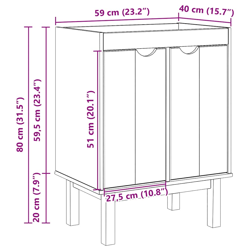 underskab til håndvask OTTA 59x40x80 cm massivt fyrretræ