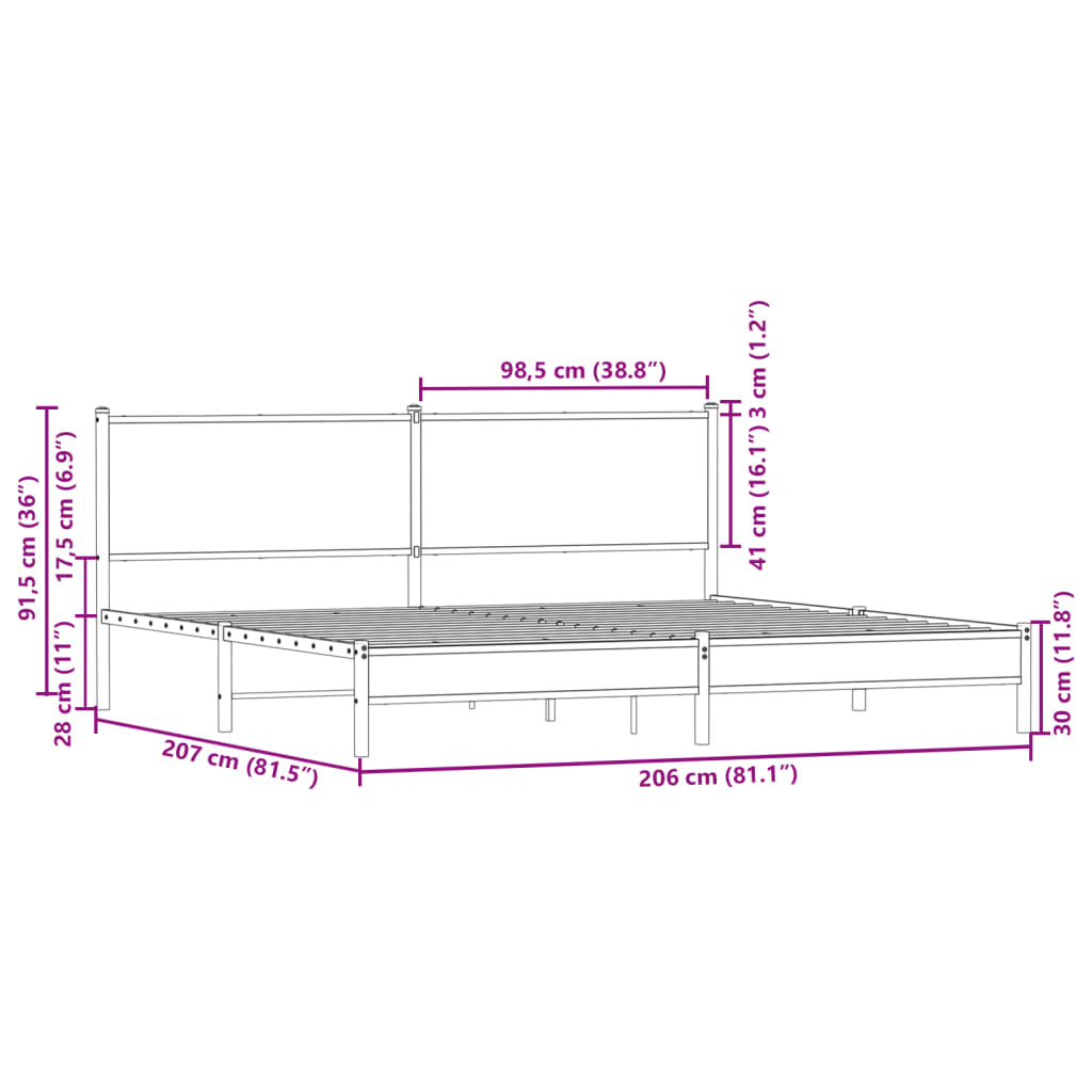 sengeramme uden madras 200x200 cm metal brun egetræsfarve