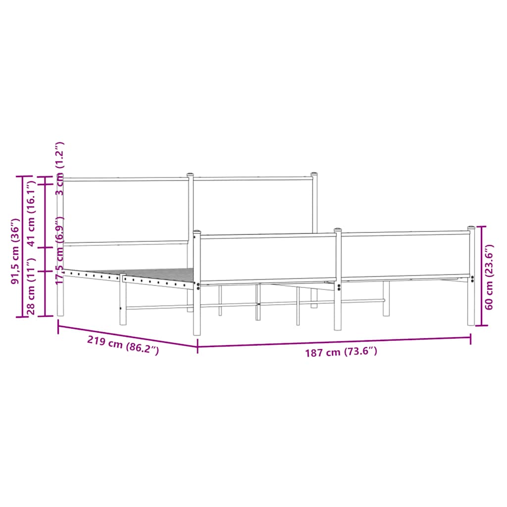 sengeramme uden madras 183x213 cm metal brun egetræsfarve