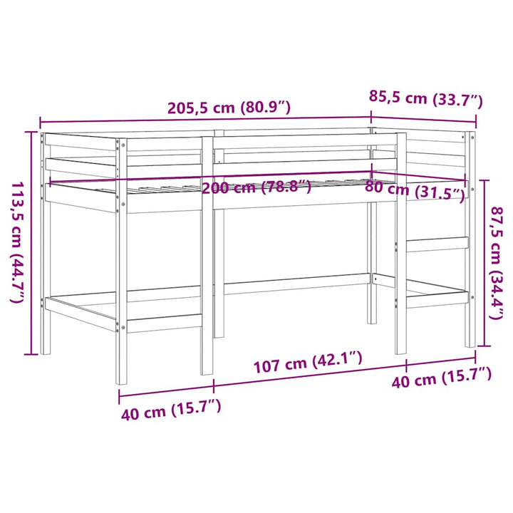 højseng med stige 80x200 cm massivt fyrretræ gyldenbrun