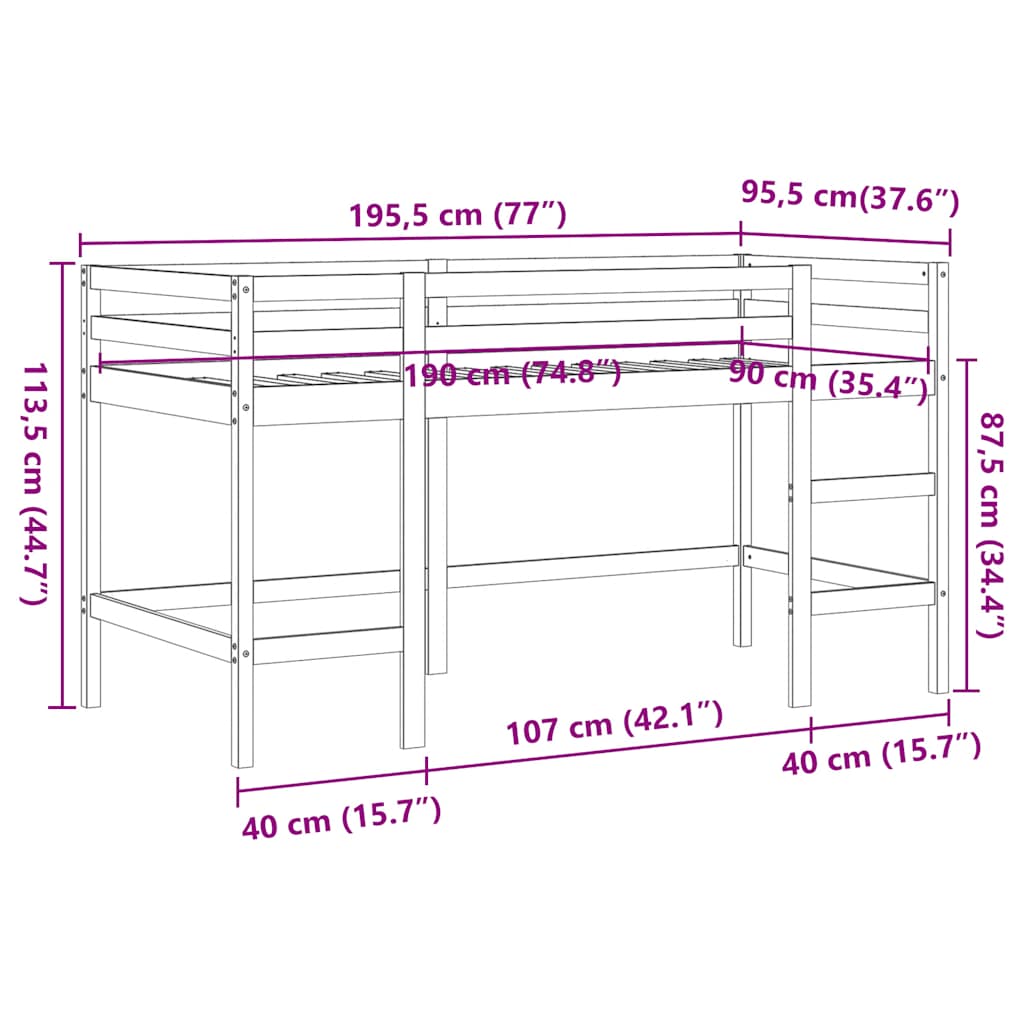 højseng med stige 90x190 cm massivt fyrretræ gyldenbrun