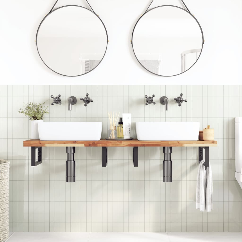 væghængt badeværelseshylde stål og massivt akacietræ