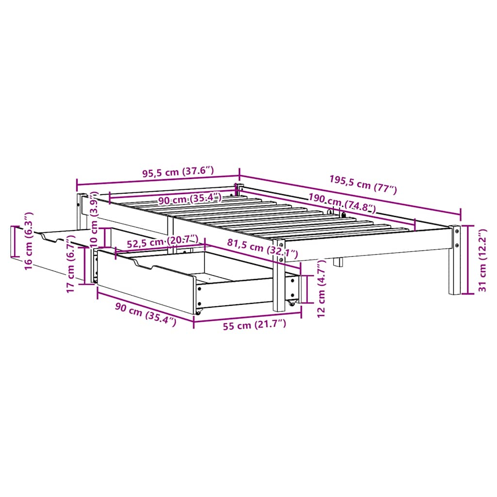 sengeramme uden madras 90x190 cm massivt fyrretræ hvid