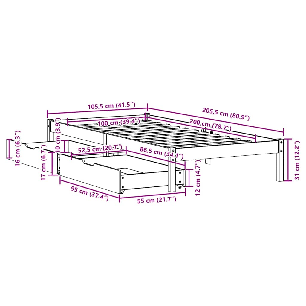 sengeramme uden madras 100x200 cm massivt fyrretræ hvid