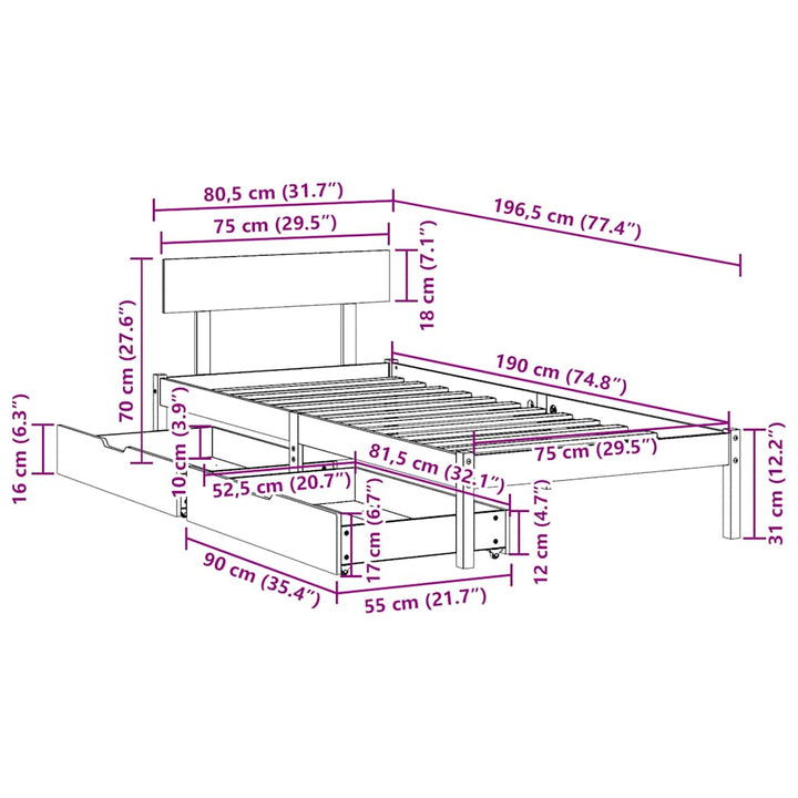 sengeramme uden madras 75x190 cm massivt fyrretræ hvid