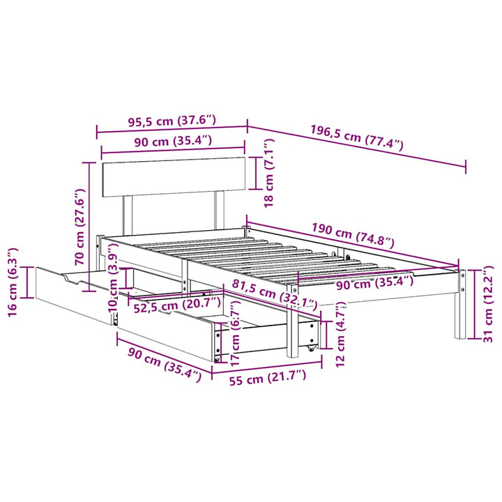 sengeramme uden madras 90x190 cm massivt fyrretræ hvid