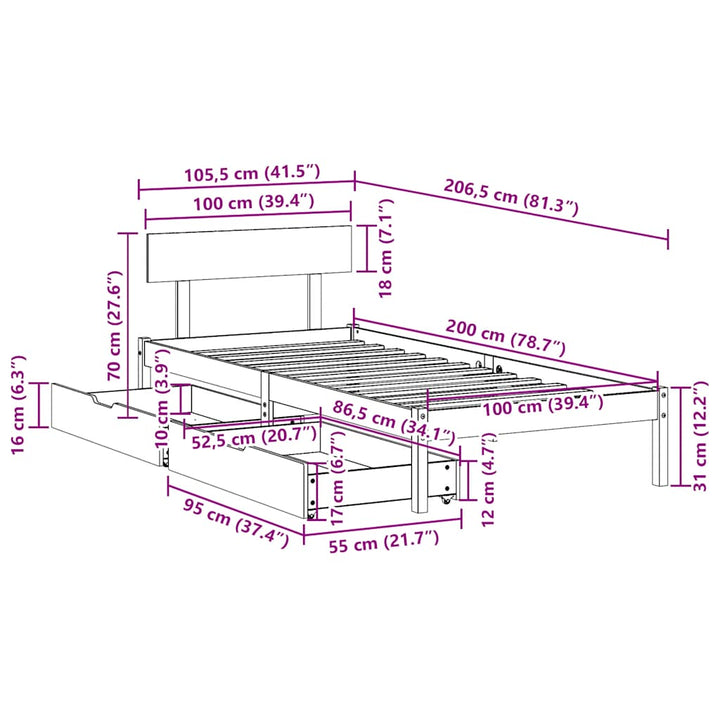 sengeramme uden madras 100x200 cm massivt fyrretræ hvid