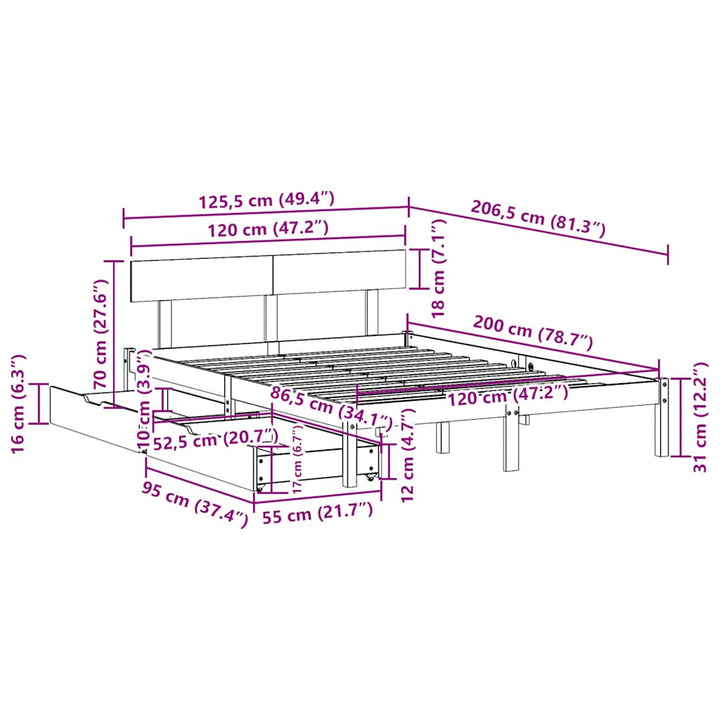 sengeramme uden madras 120x200 cm massivt fyrretræ