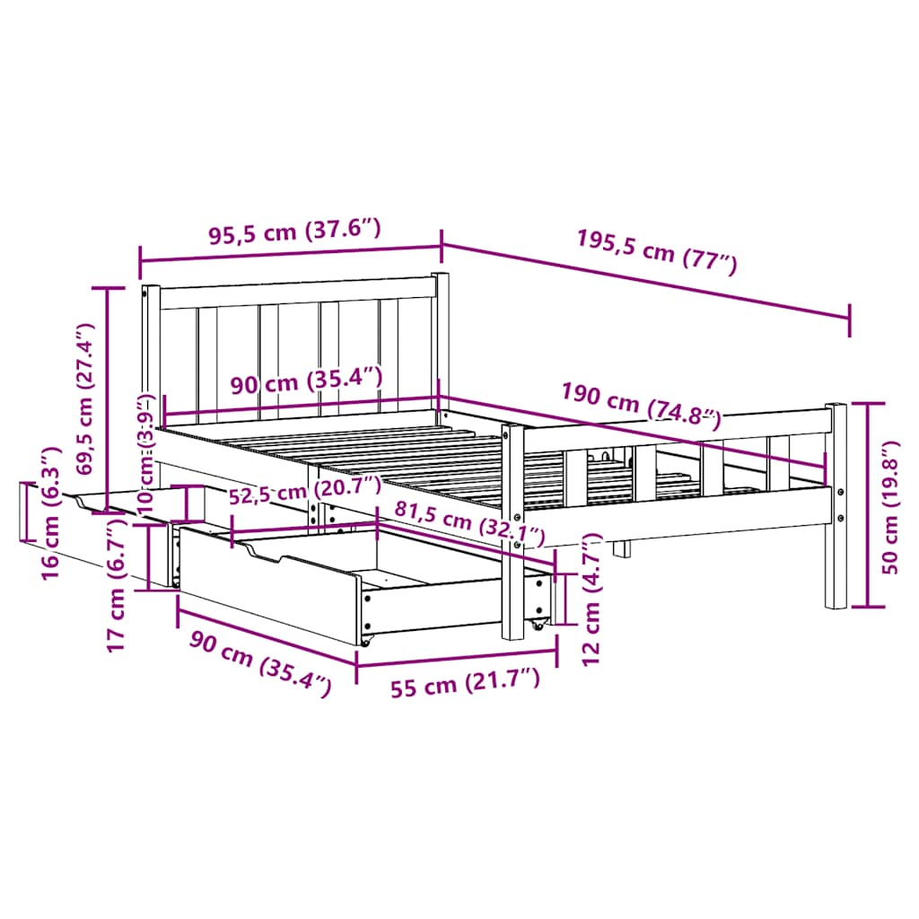sengeramme uden madras 90x190 cm massivt fyrretræ