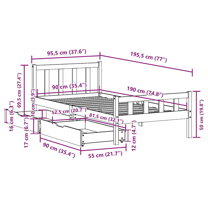 sengeramme uden madras 90x190 cm massivt fyrretræ