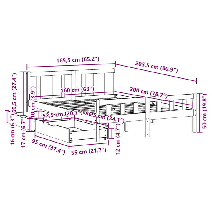 sengeramme uden madras 160x200 cm massivt fyrretræ hvid