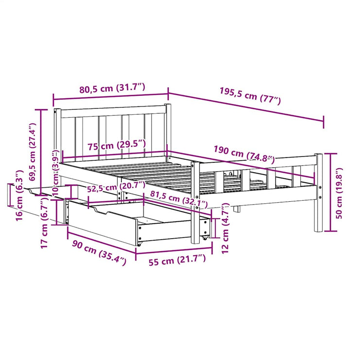 sengeramme uden madras 75x190 cm massivt fyrretræ gyldenbrun
