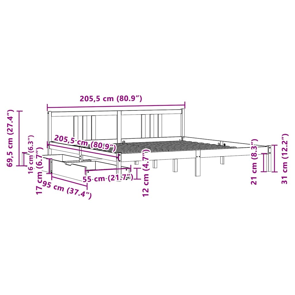 sengeramme uden madras 200x200 cm massivt fyrretræ hvid