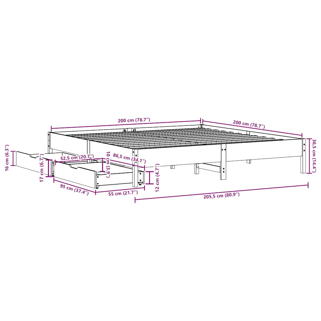 sengeramme uden madras 200x200 cm massivt fyrretræ hvid