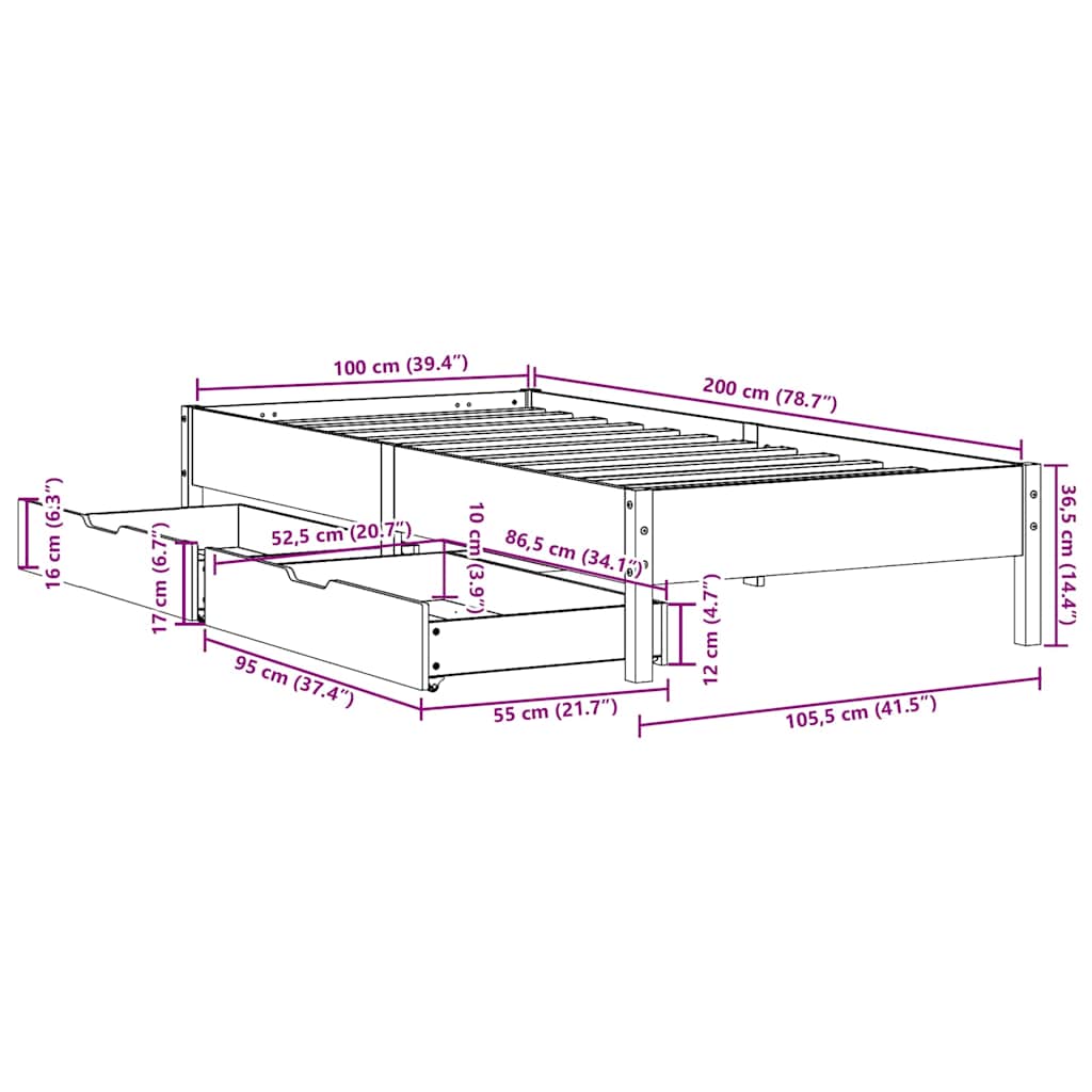 sengeramme uden madras 100x200 cm massivt fyrretræ hvid